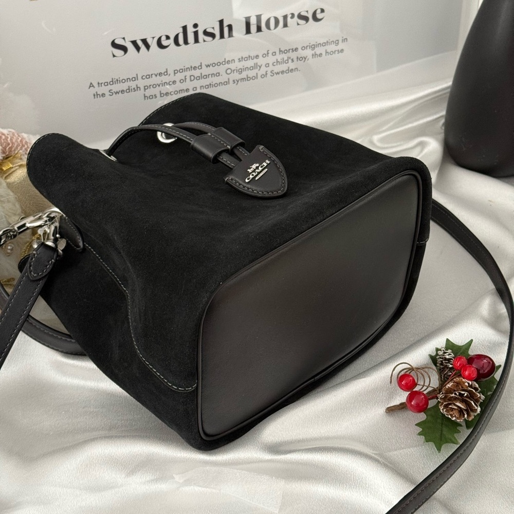 Coach Rowan Bucket Bag With Cherry Charm CCZ89 Suede/Silver/Black - Picture 8 of 9
